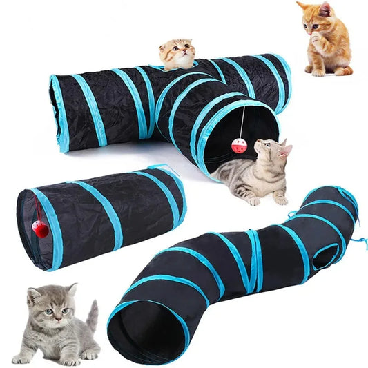 Black and blue cat tunnel toy with small red balls, surrounded by kittens.