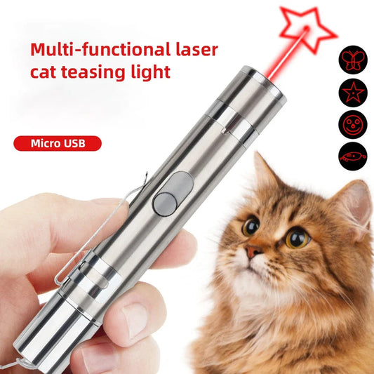 Multi-functional laser cat teasing light with a hand holding it and a cat looking at it.