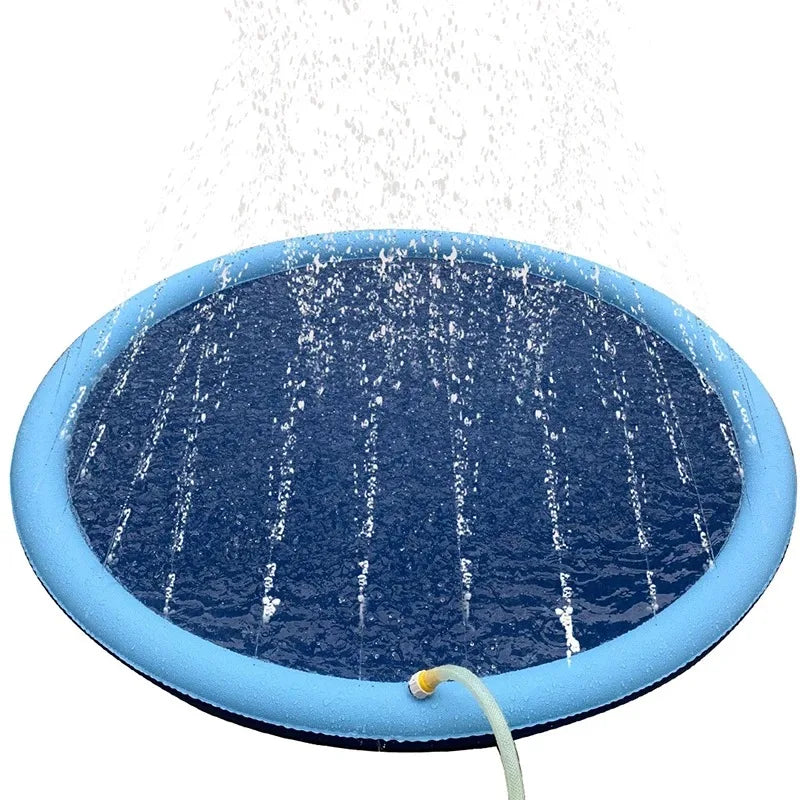 Inflatable sprinkler pad with water spraying from a hose on a white background